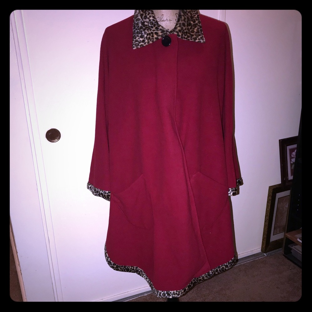 Red  with Leopard Collared Poncho